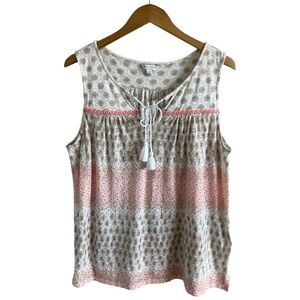 Lucky Brand Boho Print Sleeveless Tassel Tie Peasant Top Cotton Modal Large